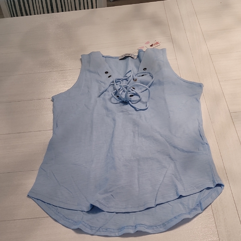 B6 New Womens Classique Blue Sleeveless Tie Front Blouse Top Light Blue Size XXL